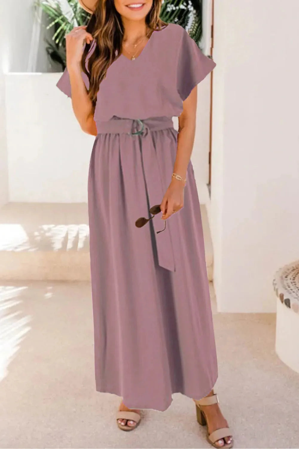 Ruched V-Neck Cap Sleeve Dress Moonlit Mauve Casual Dresses - Tophatter Daily Deals